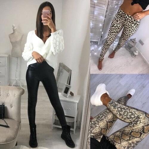 Womens Leggings Ladies Animal Leopard Printed Faux Leather Slim Skinny Elastic Full Length