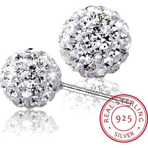 High Quality 925 sterling silver Rhinestones Crystal Ball Stud Earring Bead Jewelry 10mm 8mm 6mm Stud Earring for Female Jewelry