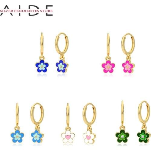 AIDE Women Dripping Oil Earrings Huggie cute Trend Jewelry 925 Sterling Silver Flower Pendant Hoops Earrings Pendientes Mujer