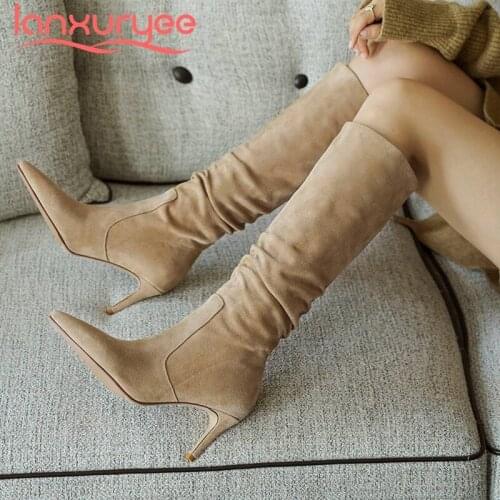 Lanxuryee high street fashion cow suede gentlewomen pointed toe thin high heel slip on nightclub beauty lady knee high boots L11