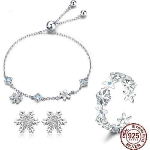 DISINIYA Fashion 925 Sterling Silver Winter Gift Snowflake Bracelets & Earrings & Rings Jewelry Sets Sterling Silver Jewelry Set
