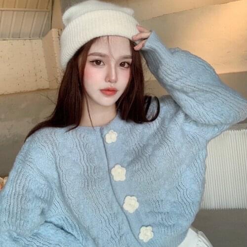 2021 Autumn Winter Round Neck knitted jacket twist three-dimensional flower Sweater Cardigan Female Long Sleeve Knitted 588F