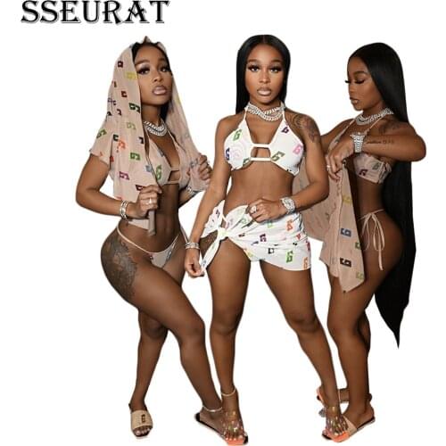 SSEURAT Women Sexy Bikinis Set Print Sleeveless Halter Wire Free Low Waist Bandage Skirts 3 Piece Set Summer Swimsuit Beachwear