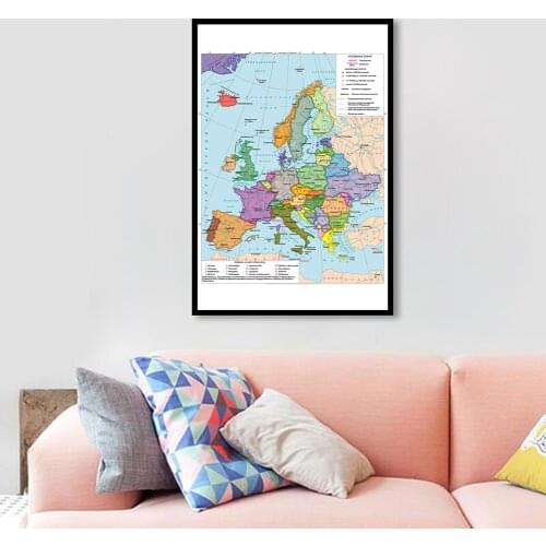 59*84cm The Europe Political Map In Russian Wall Art Poster Spray Canvas Painting Classroom Home Decoration School Supplies
