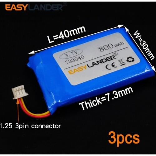 3pcs 3.7V 800mAh Rechargeable li-Polymer Li-ion Battery For bluetooth headset GPS PSP PDA MP3 MP4 733040 1.25 3pin connector