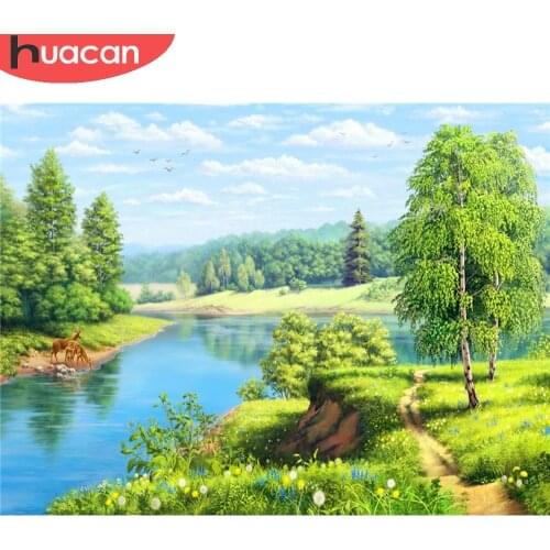 HUACAN Diamond Painting Spring Landscape Cross Stitch 5D Diamond Embroidery River Mosaic Bedroom Decoration