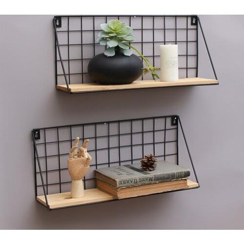 Baoblaze Metal & Wooden Wall Grid Hanging Shelf Kitchen Bathroom Decor Home Furnishing Storage Display Stand Rack Holder