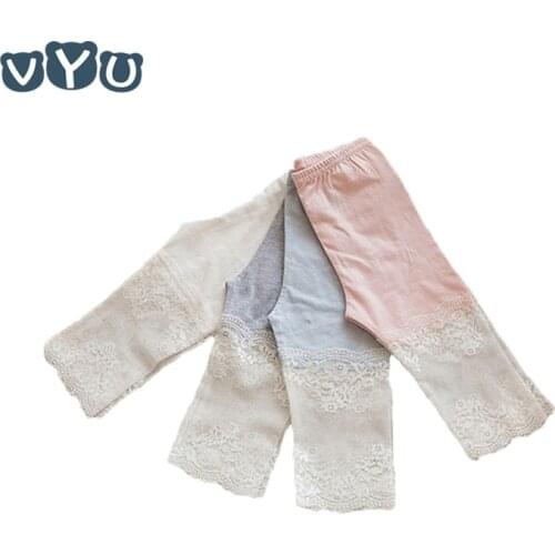 VYU Baby Girls Lace Stitching Knee Length Leggings Cotton Good Quality Preschool Children Girls Kids Lace Splice Leggings 3~10Y