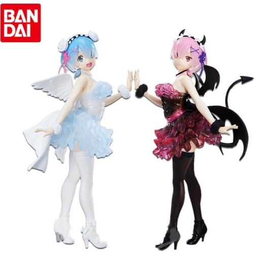 Bandai Genuine Qposket Re:Life In A Different World From Zero Angel Rem Demon Ram Anime Action Figures Model Ornaments Toys