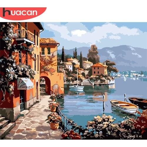 HUACAN Oil Painting By Numbers House DIY Pictures By Number Seascape Kits Hand Painted Paintings Drawing On Canvas Home Decor
