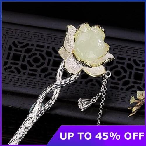 Classic Eastern Lotus Flower Hair Sticks Women Natural Jade Flower Lotus Hair Jewelry Real 925 Silver Forks Tassels Hair Sticks