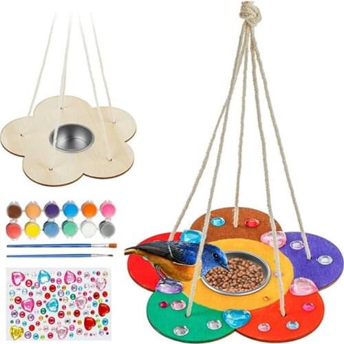 1set DIY Bird Feeder Creative Painting Graffiti Bird Feeder For Children Wooden Bird Feeder Garden Decoration Pet Accessories