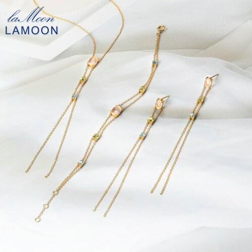 MoBuy 925 Silver Tassel Jewelry Set For Women Natural Rose Quartz Topaz Olivine 14K Gold Plated Wedding Cocktail Party Jewelry