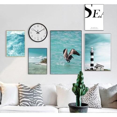 Lighthouse Seabird Blue Sea Beach Quotes Wall Art Canvas Painting Nordic Posters And Prints Wall Pictures For Living Room Decor