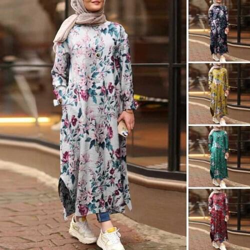 Autumn Womens Muslim Dresses ZANZEA 2021 Vintage Printed Dress Casual Long Sleeve Maxi Vestidos Female O Neck Robe Plus Size