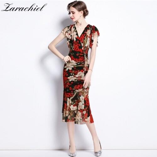 Summer Fashion Bodycon Mermaid Party Dress Women Butterfly Sleeve V-Neck Flower Print Drawstring Mesh Sheath Evening Midi Vesti