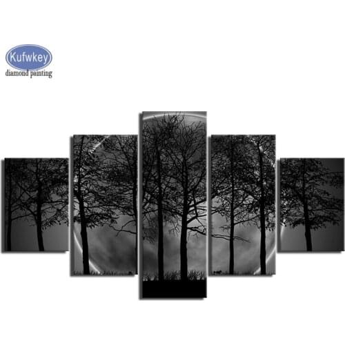 Full square Round Drill Diamond Painting 5 Panel Black White Moon Night Psychedelic Forest 5D DIY Embroidery diamond Mosaic