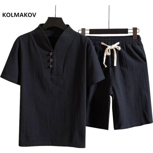 Shirt +shorts) 2020 summer new arrival men shirt Man Cotton and linen shirts Short sleeve mens casual shirts men size M to 5XL
