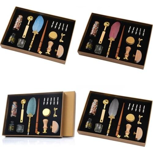 Luxury Fountain Pen Set Vintage Sprinkling Gold Feather Pen Ink Bottle Calligraphy Writing Dip Pen Birthday Gift Box 5 Nib Quill