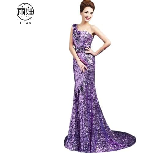 Sexy One-shoulder Sequied Evening Dresses Long Dress Robe De Soiree Court Train Hem Purple Mermiad Dress Vestido De Festa LF25