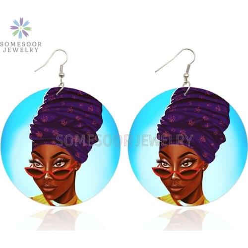 SOMESOOR Black Fashion Fabric Headwrap Woman Wooden Drop Earrings Glasses Lady Both Sides Printed Design Jewelry For Women Gifts