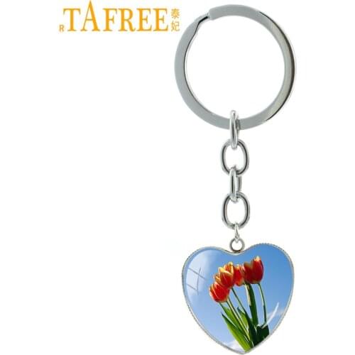 TAFREE Glass Dome Tulip Keychain For Women Handbag Plant Flower Art Picture Charm Key Ring Car Key Holder E910
