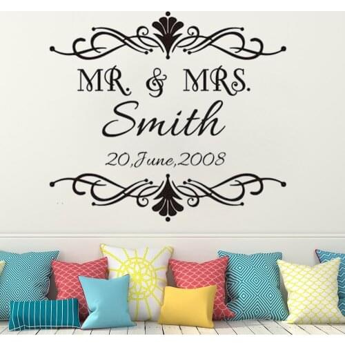 Mr and Mrs Name Vinyl Wall Sticker Wedding Custom Last Name Wall Decals Married Anniversary Date Vinyl Wall Decal Art HY816