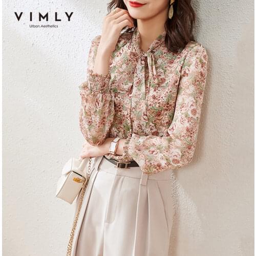 VIMLY New Summer Women Floral Blouse Fashion Bow Button up Shirt Vintage Blouse Flare Long Sleeve Tops Korean Clothes F6720