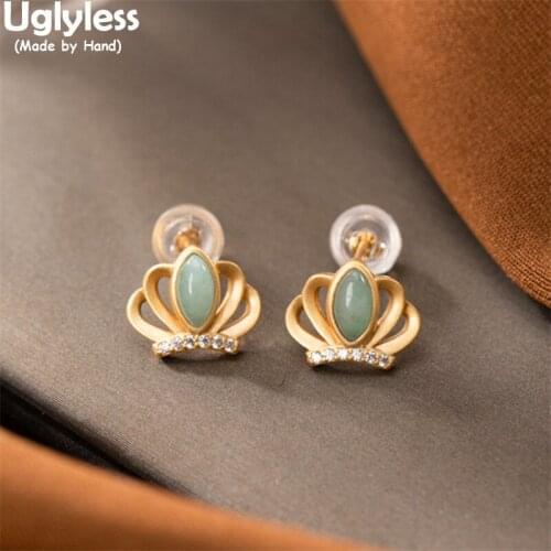 Uglyless Natural Jadeite Crown Studs Earrings for Women Hollow Crystals Earrings Gold 925 Silver Brincos Creative Jewelry Vogue