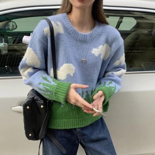 2021 New Autumn Sweater Fashion Street Wear Women Crew Neck Loose Sweaters Casual Long Sleeve Cloud Grass Print Knit Pullovers