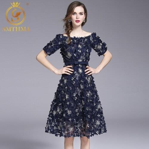 SMTHMA High quality Luxury runway Women sexy off shoulder Three-dimensional embroidery Dress Womens short sleeve summer dress