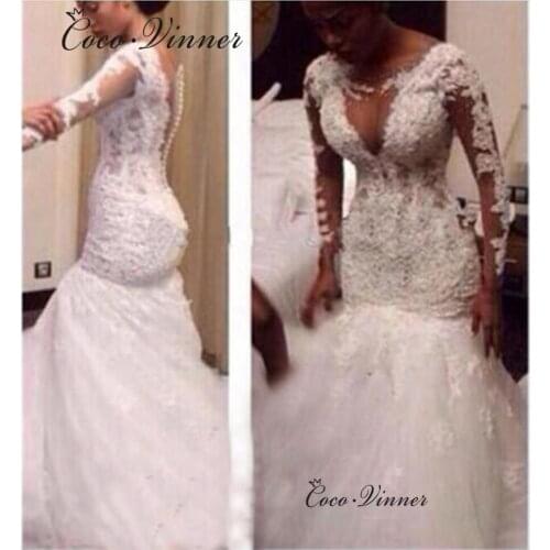 Long Sleeve Vintage Illusion Mermaid Wedding Dresses African New Beading Embroidery Appliques Plus Size Wedding Dress W0457