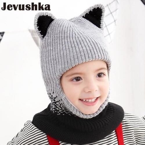 Winter Baby Hat Knit Kids Beanie Hat for Baby Girl and Baby Boy Hat Scarf with Cute Cat Ears Double Warm Lining Caps HT19028