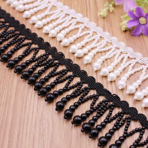1Yards Black White Silk Tassel Fringe Trim Pearl Tassle Beaded Lace Ribbon Sewing Clothing Edge Curtain Pearl Pendant Tassels