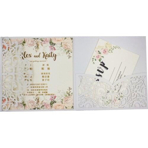 Free shipping 2pcs vintage tri fold wedding invitation cards with envelope ,insert, RSVP 3 fold laser cut pocket fold cards