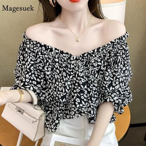 One-shoulder Floral Shirts Summer Korean Fashion Loose Womens Blouse Ruffles Sweet Print Tops Female Sexy V Neck Blouses 15393