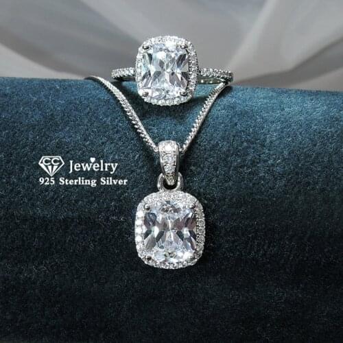 CC Jewelry Sets For Women S925 Silver 7*9mm Ring Pendants Cubic Zirconia Rectangle Wedding Bridal Bijoux No Chain CCAS226