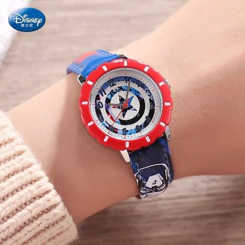 Disney Marvel Childrens Quartz Watch US Captain Boy Waterproof Watch Student Cartoon Kids Watch Simple 3Bar Leather Buckle