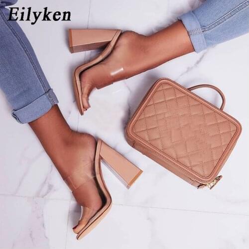 Eilyken Fashion Woman Summer Transparent Pvc Slippers Woman Open Toe High Heels Mules Shoes Female Slides Party Shoes