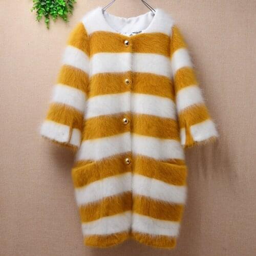 Top quality fashion hairy striped mink cashmere knitted seven falre sleeves cardigan button winter clothing angora fur coat pull