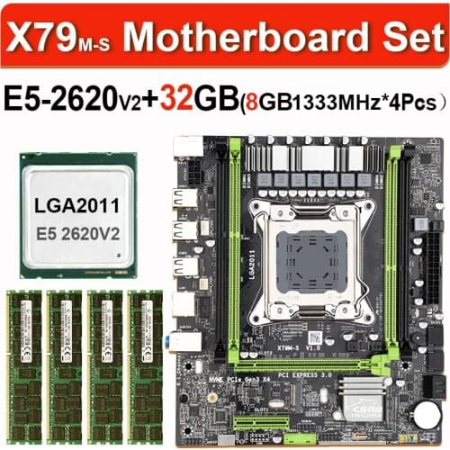 X79 M-S motherboard set with LGA2011 combos Xeon E5 2620 V2 CPU 4x 8GB = 32GB DDR3 ECC RAM 1333Mhz 10600 memory SATA USB 3.0 M.2