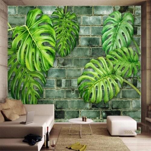 Milofi custom 3D wallpaper mural Nordic plant green leaf brick wall background wall living room bedroom decoration painting wall
