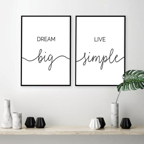 Minimalist Dream Big Live Simple Quote Canvas Paintings Black and White Bedroom Wall Art Prints Poster Pictures for Home Decor