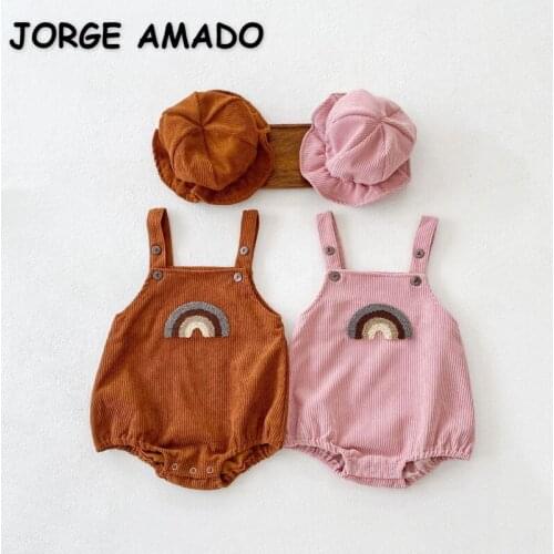 2021 New Autumn Baby Girls Boys Bodysuit Sleeveless Square Collar Corduroy Rainbow Jumpsuit Newborn Outwear Infant Clothes E2495