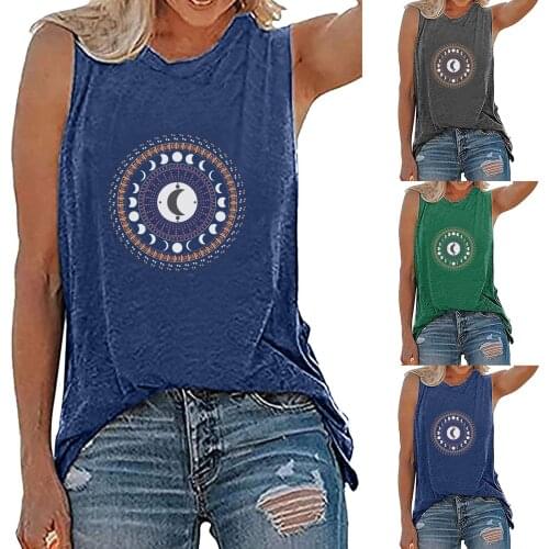 Plus Size Tshirt Women Fashion Sun Moon Print O-Neck Sleeveless Long Tshirt Women Tops Tank Top Summer Vest Breathable Tee Loose