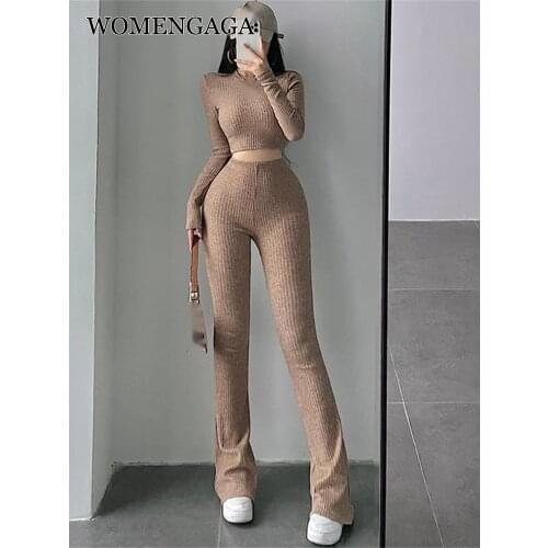 Girls Sexy autumn winter Long Sleeve Tshirt Short Sweater High Waist Casual Flare Pants Knitting 2 Piece Set Bodycon Korean IF5V