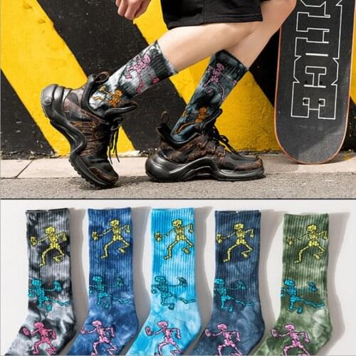 Tie-dye Long Socks Men Skull Skateboard Novelty Socks Hip Hop Harajuku Street Trend Solid Color Cotton Basketball Stocking Women