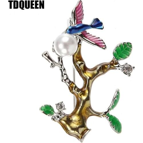 TDQUEEN Bird Enamel Brooch Pins Silver Plated Simulated Pearl Green Leaf Rhinestone Tree Brooches for Women