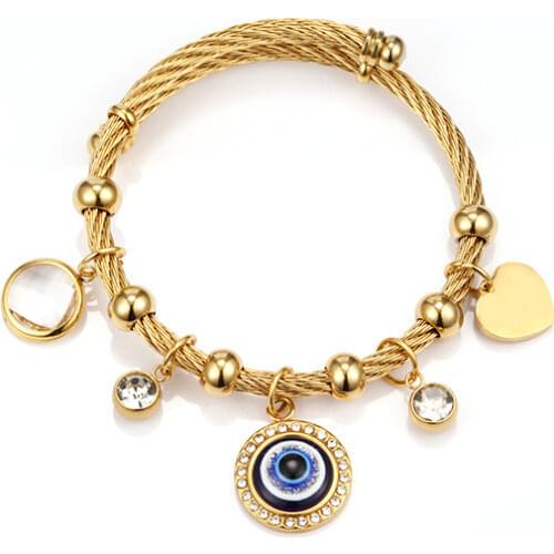 Turkish Crystal Evil Eyes Bracelet For Women Gold Stainless Steel Bangles With Charms Luxury Fashion Jewelry Gift