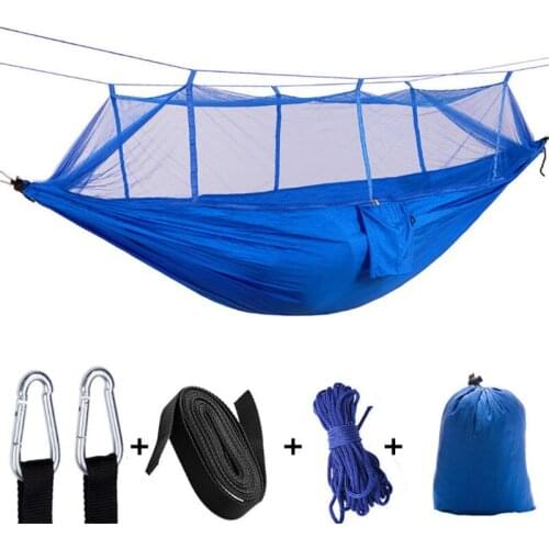 Outdoor 260X140cm 2 peopel parachute cloth Material mosquito proof Camping fishing Hammock with Strap and buckle whole set